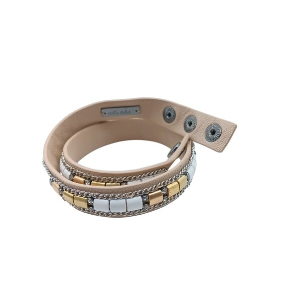 Stella & Dot Tan Leather Cady Wrap Bracelet with Gold & Silver Accents Snap Clos - Picture 2 of 4